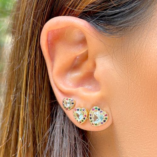 Kit de brincos corações de cristal topázio azul com 3 pares banho de ouro 18k