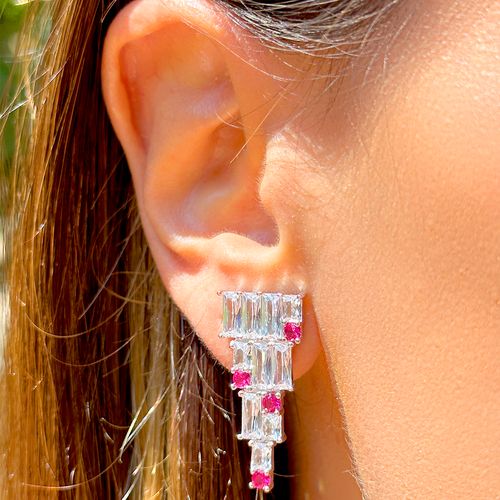 Brinco pirâmide cristal turmalina rosa prata 925