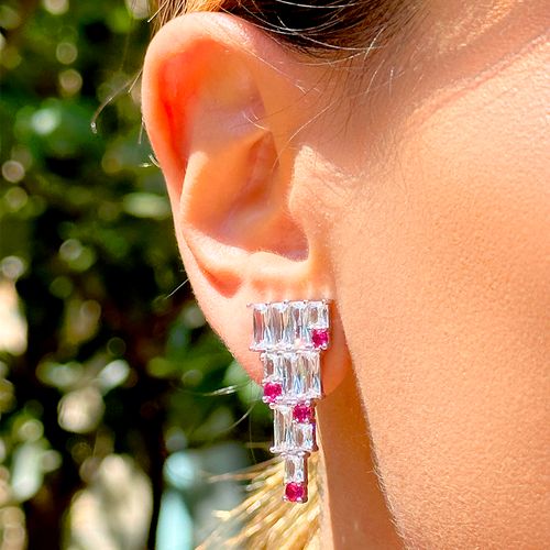 Brinco pirâmide cristal turmalina rosa prata 925