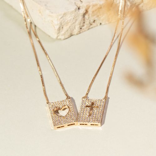 Colar Escapulário Cruz Coração 65cm Banho de Ouro 18K