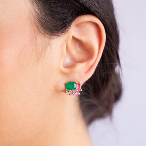 Brinco moldura formas fusion esmeralda banho de ouro 18k