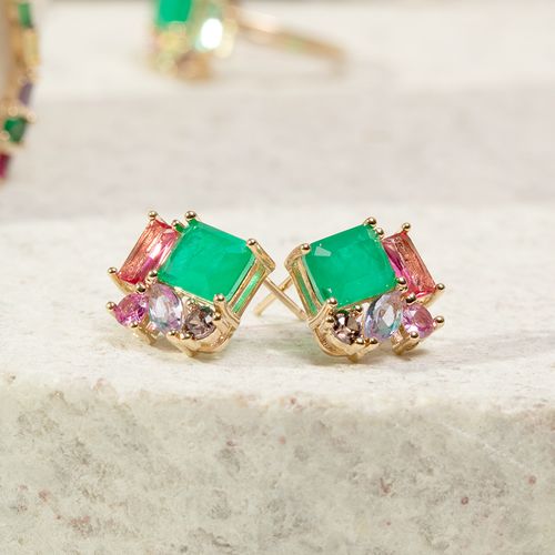 Brinco moldura formas fusion esmeralda banho de ouro 18k