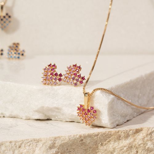 Conjunto coração pixel zircônia vermelha 46cm banho de ouro 18k