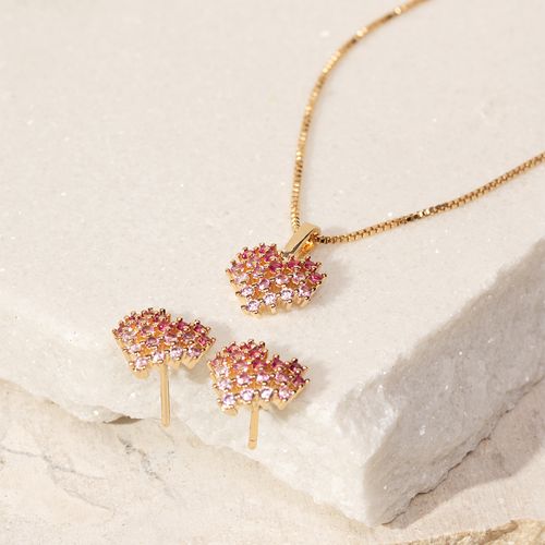 Conjunto coração pixel zircônia vermelha 46cm banho de ouro 18k