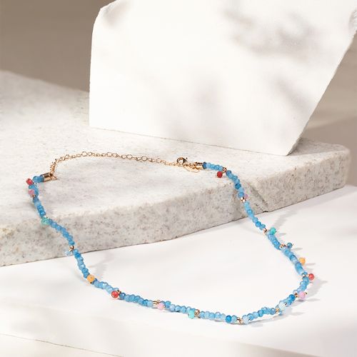 Colar pedras naturais jade azul 46cm banho de ouro 18k