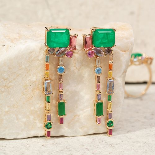 Brinco moldura fusion esmeralda banho de ouro 18k