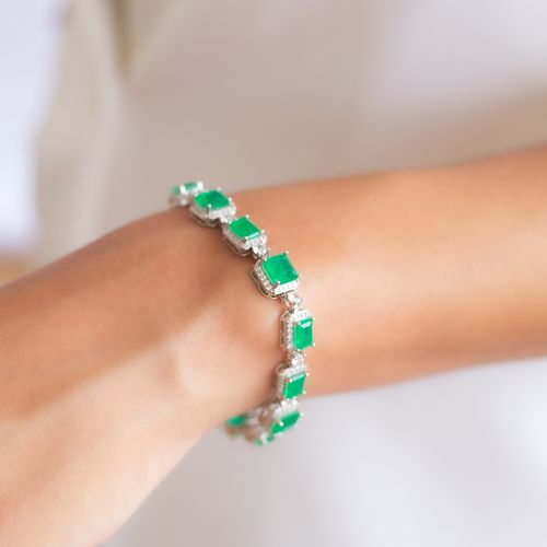Pulseira quadrados fusion esmeralda 17cm banho de ródio branco