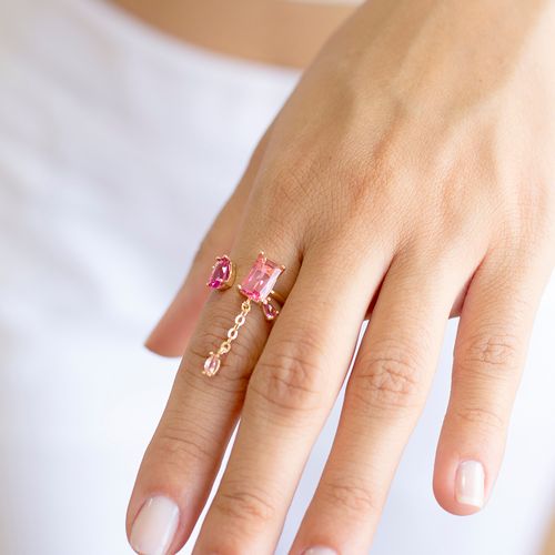 Anel retângulos gotas cristal turmalina rosa banho de ouro 18k