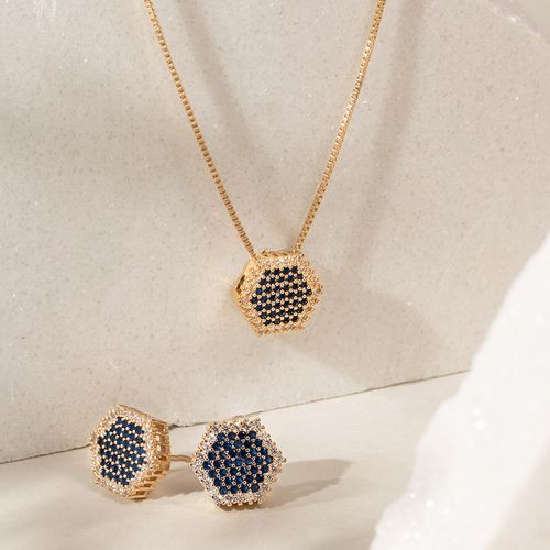 Conjunto hexágono zircônias azuis brancas 47cm banho de ouro 18k