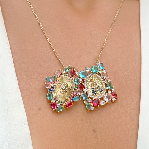 Colar escapulário nossa senhora aparecida espírito santo cristal paraíba 65cm banho de ouro 18k