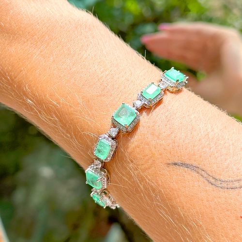 Pulseira retângulo fusion esmeralda colombiana 18cm banho de ródio branco