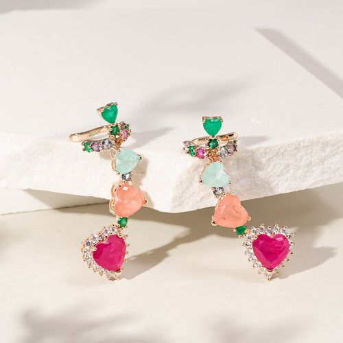 Brinco ear cuff linha corações fusion turmalina rosa banho de ouro 18k