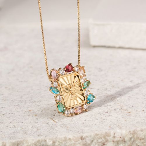Colar moldura espírito santo cristal quartzo rosa 53cm banho de ouro 18k