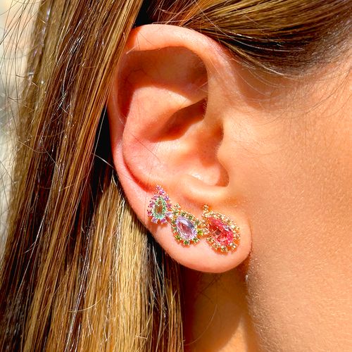 Brinco ear cuff gotas bordadas cristal turmalina rosa banho de ouro 18k