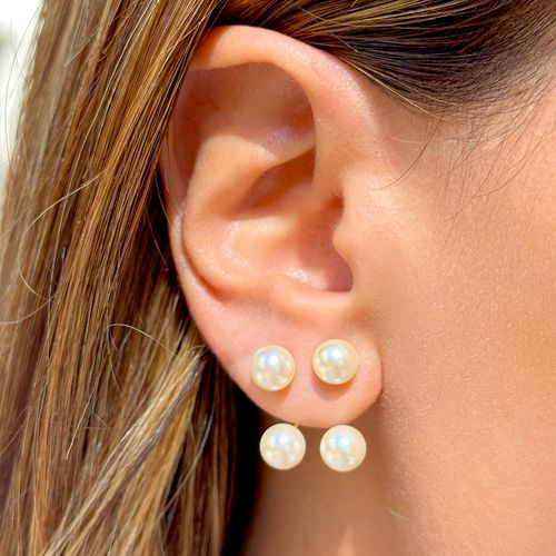 Brinco ear jacket pérola coreana 7mm banho de ouro 18k