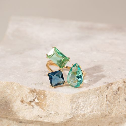 Anel formas cristal safira banho de ouro 18k