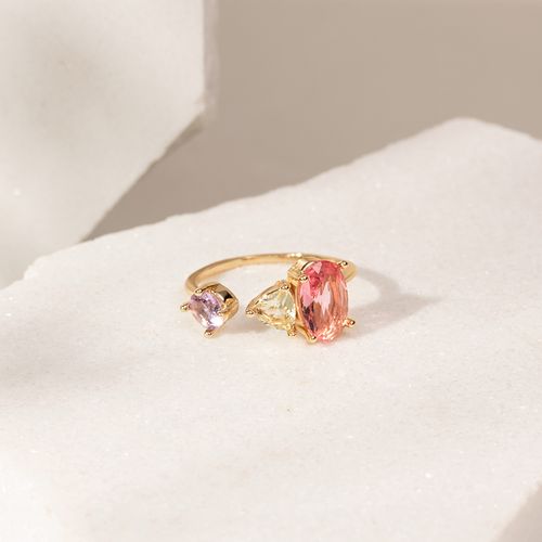 Anel formas cristal turmalina rosa banho de ouro 18k
