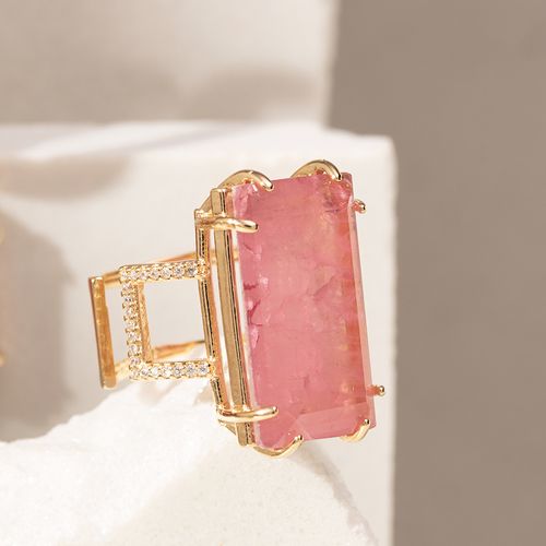 Anel retângulo fusion morganita banho de ouro 18k