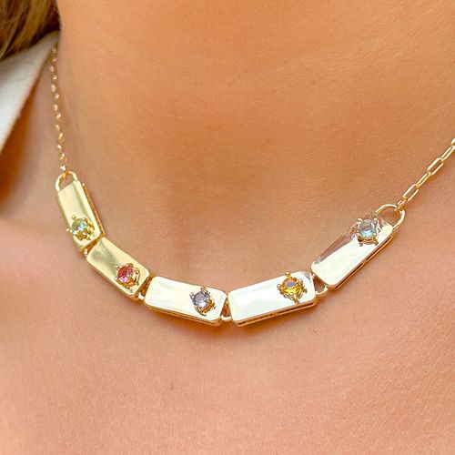 Colar medalhas com coroa cristal citrino 45 cm banho de ouro 18k