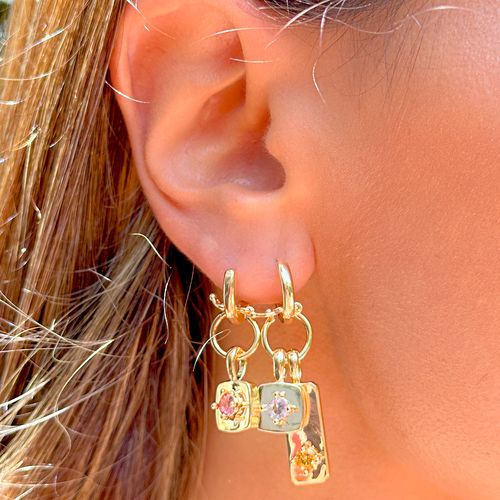 Brinco ear bling medalhas com coroa cristal citrino banho de ouro 18k