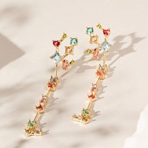 Brinco longo formas cristal paraíba articulado banho de ouro 18k