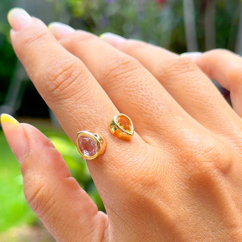 Anel gotas aberto cristal citrino banho de ouro 18k
