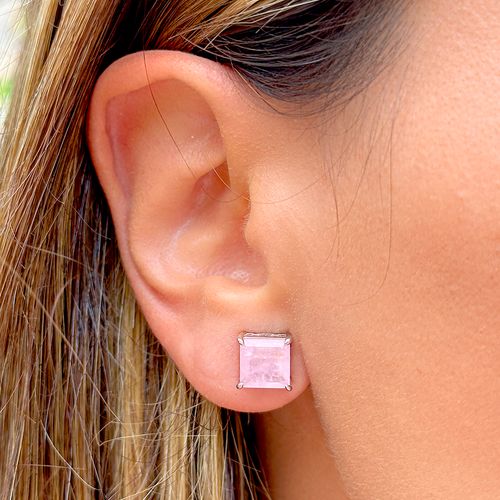 Brinco quadrado fusion quartzo rosa banho de ródio branco