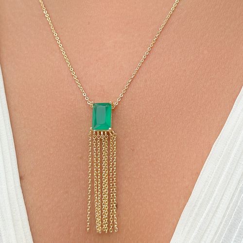 Colar pingente cristal esmeralda franja 55 cm banho de ouro 18k