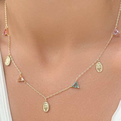 Colar medalhas nossa senhora das graças triângulos cristal paraíba 50 cm banho de ouro 18k