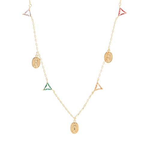 Colar medalhas nossa senhora das graças triângulos cristal paraíba 50 cm banho de ouro 18k