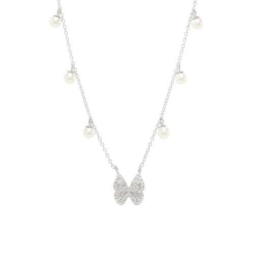 Colar de Pérolas Borboleta Zircônia Branca 50 cm Prata 925