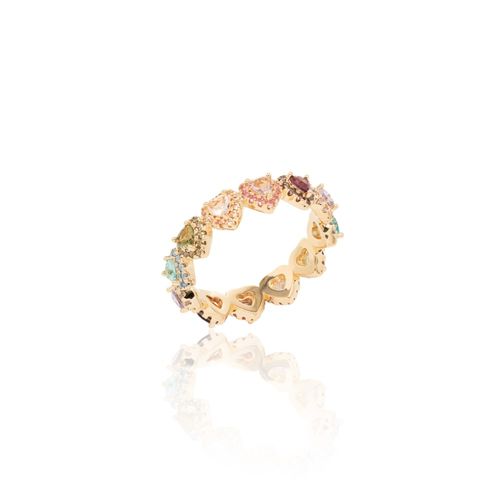 Anel Coração Cravejado Cristal Topázio Azul Banho de Ouro 18K aro17