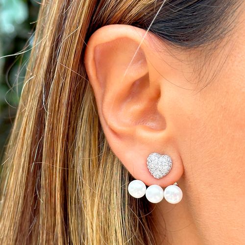 Brinco ear jacket pérola shell estrela coração banho de ródio branco