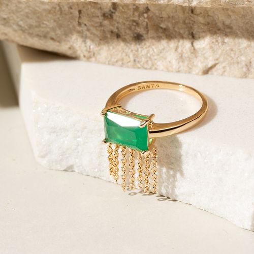Anel retângulo cristal esmeralda franja banho de ouro 18k