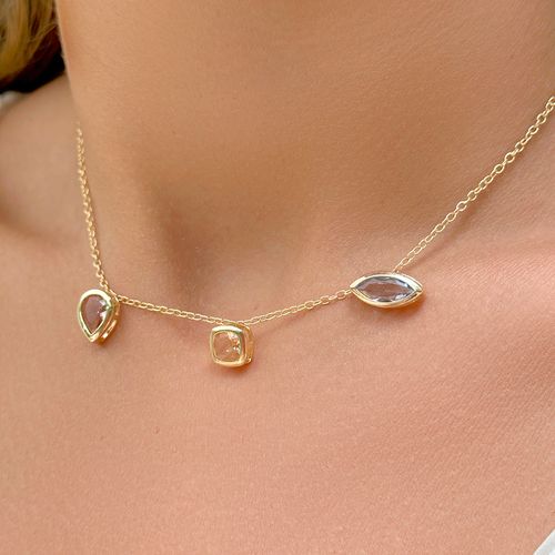 Colar pingentes gota navete quadrado cristal topázio fumê 50 cm banho de ouro 18k