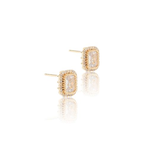 Brinco ponto de luz retângulo zircônia branca banho de ouro 18k