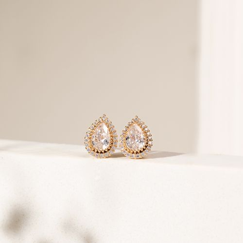 Brinco ponto de luz gota zircônia branca banho de ouro 18k