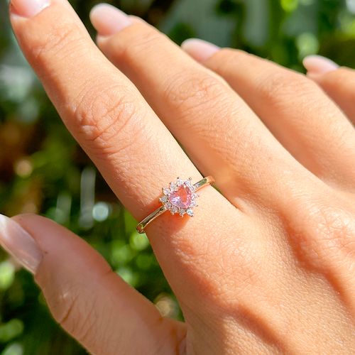 Anel coração bordado cristal rodolita banho de ouro 18k