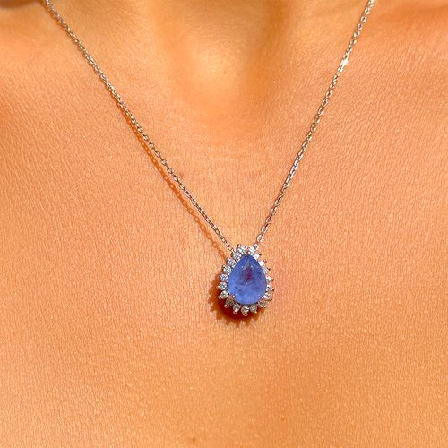 Colar fusion tanzanita gota cravejada em garras com zircônias brancas 1.0mm prata 925 - 45cm