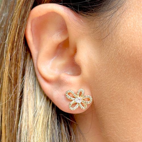 Brinco Flor Zircônia Champanhe Pétalas Banho de Ouro 18K