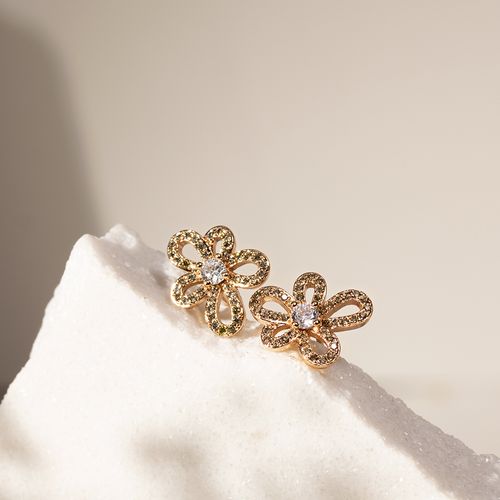 Brinco Flor Zircônia Champanhe Pétalas Banho de Ouro 18K