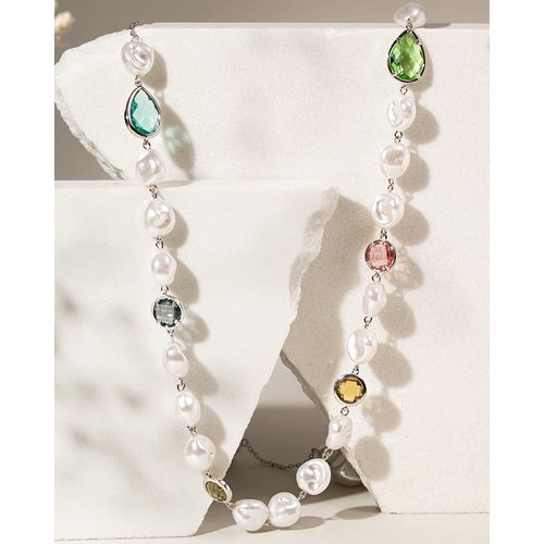 Colar maxi pérola coreana estilo barroca cristal peridoto 80cm banho de ródio branco