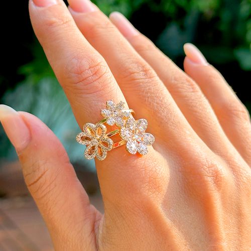 Kit de anéis flores zircônia branca banho de ouro 18k