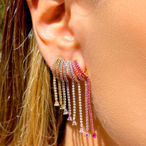 Brinco onda franja zircônia colorida banho de ouro 18k