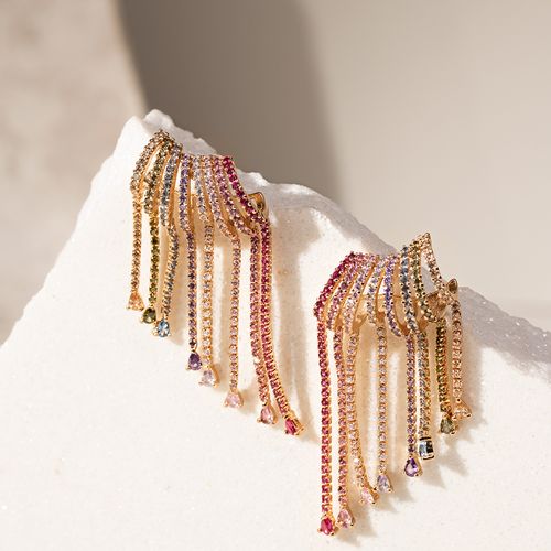 Brinco onda franja zircônia colorida banho de ouro 18k