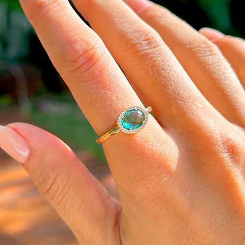Anel solitário cristal paraíba banho de ouro 18k