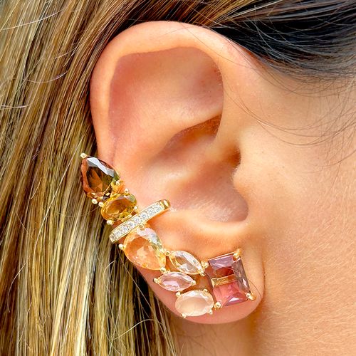Brinco ear cuff formas cristal rodolita banho de ouro 18k