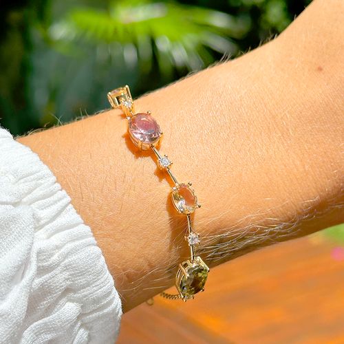 Pulseira ovais cristal rodoliata banho de ouro 18k 18cm