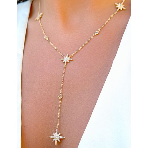 Colar Estrela de 8 pontas cravejado Zircônias Brancas Banho de Ouro 18k 50cm