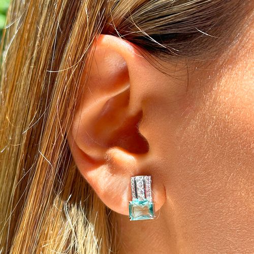 Brinco cristal paraiba zirconia branca reto com retangulo inteiro cravejado prata 925